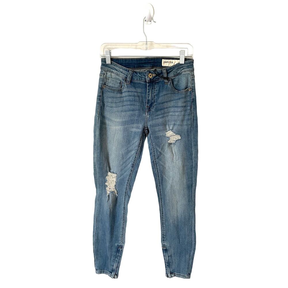 Pistola Distressed Mid Rise Zipper Ankle Skinny Denim Jeans Blue Size 27 NEW